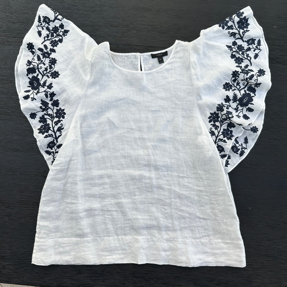 J. Crew White Linen w/ navy Embroidered Flutter sleeve Blouse - Picture 3 of 6